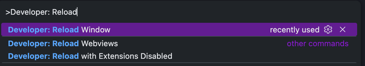 Command Palette Developer: Reload Window - VS Code